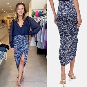 NWT Cami NYC Amanda Floral Silk Ruched Blue Pansy Print Midi Skirt with Slit